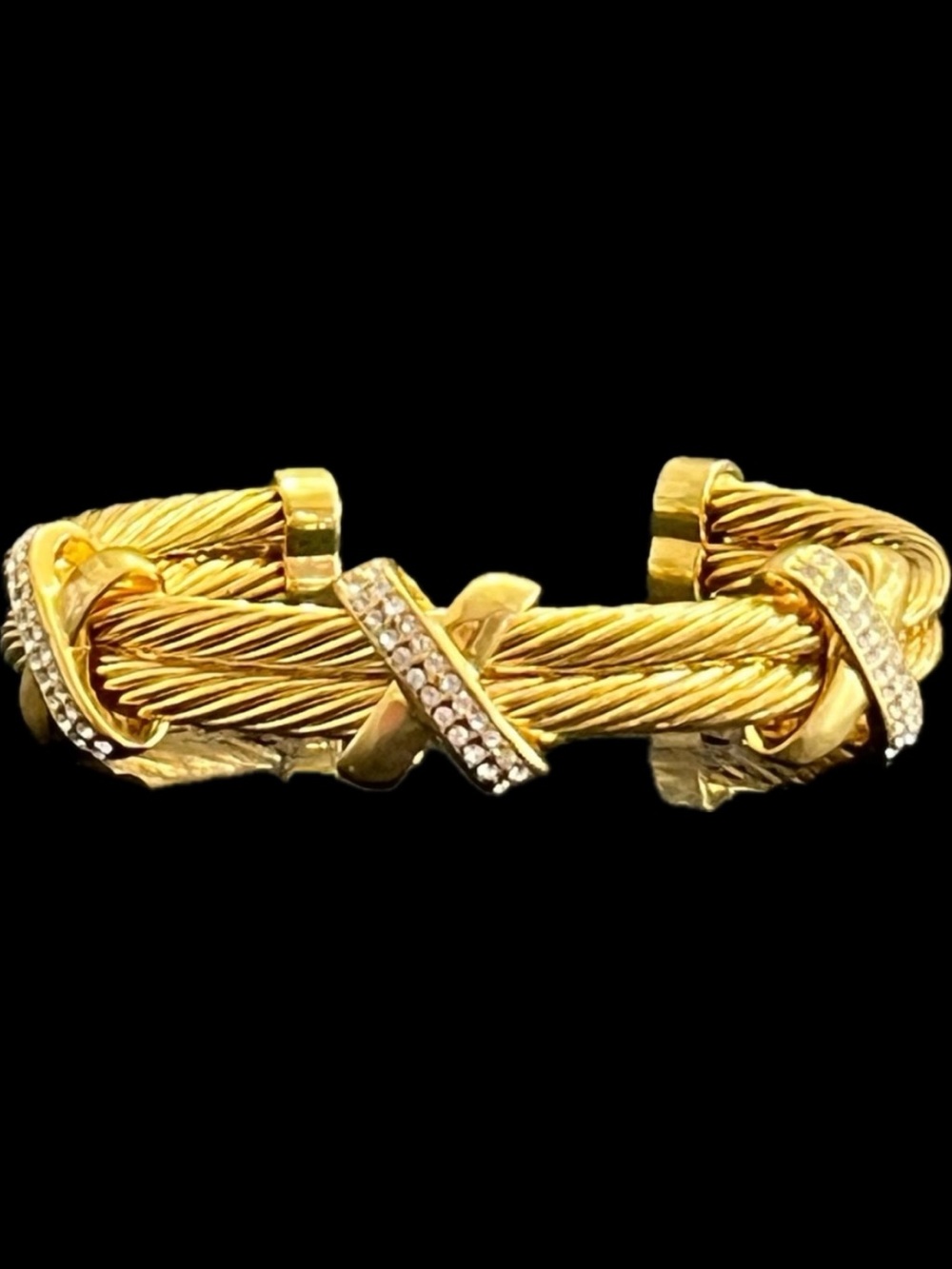 New Pave Set Cz Crystal X Cuff Bangle Gold Cable designer estate Bracelet